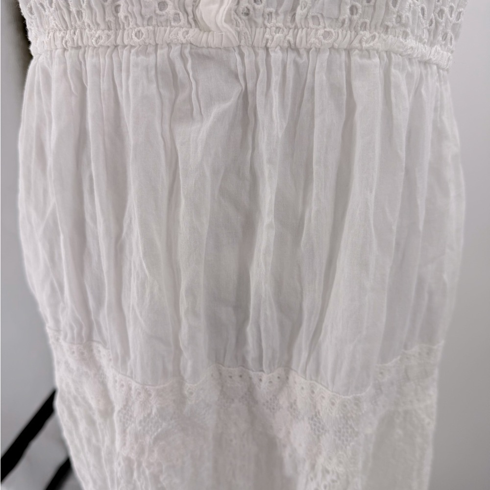 Magic White Eyelet Maxi Dress Collared Button Front Tiered Lace Boho Cottagecore - Picture 9 of 11